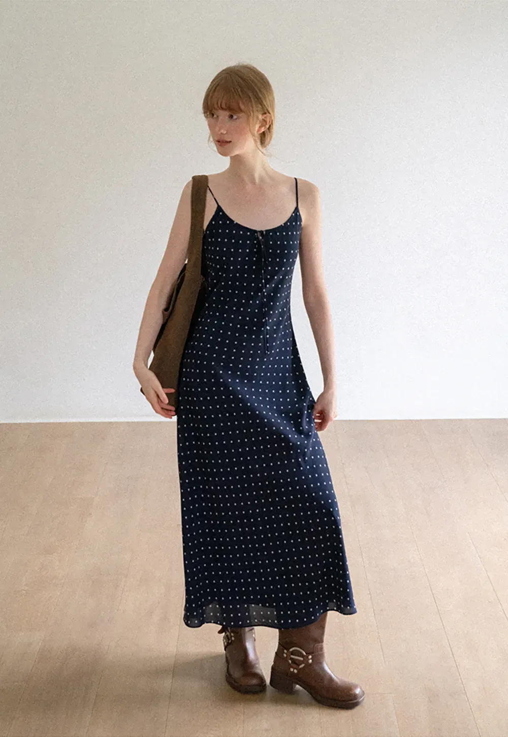 Polka Dot Print Slip Dress with Adjustable Front Tie