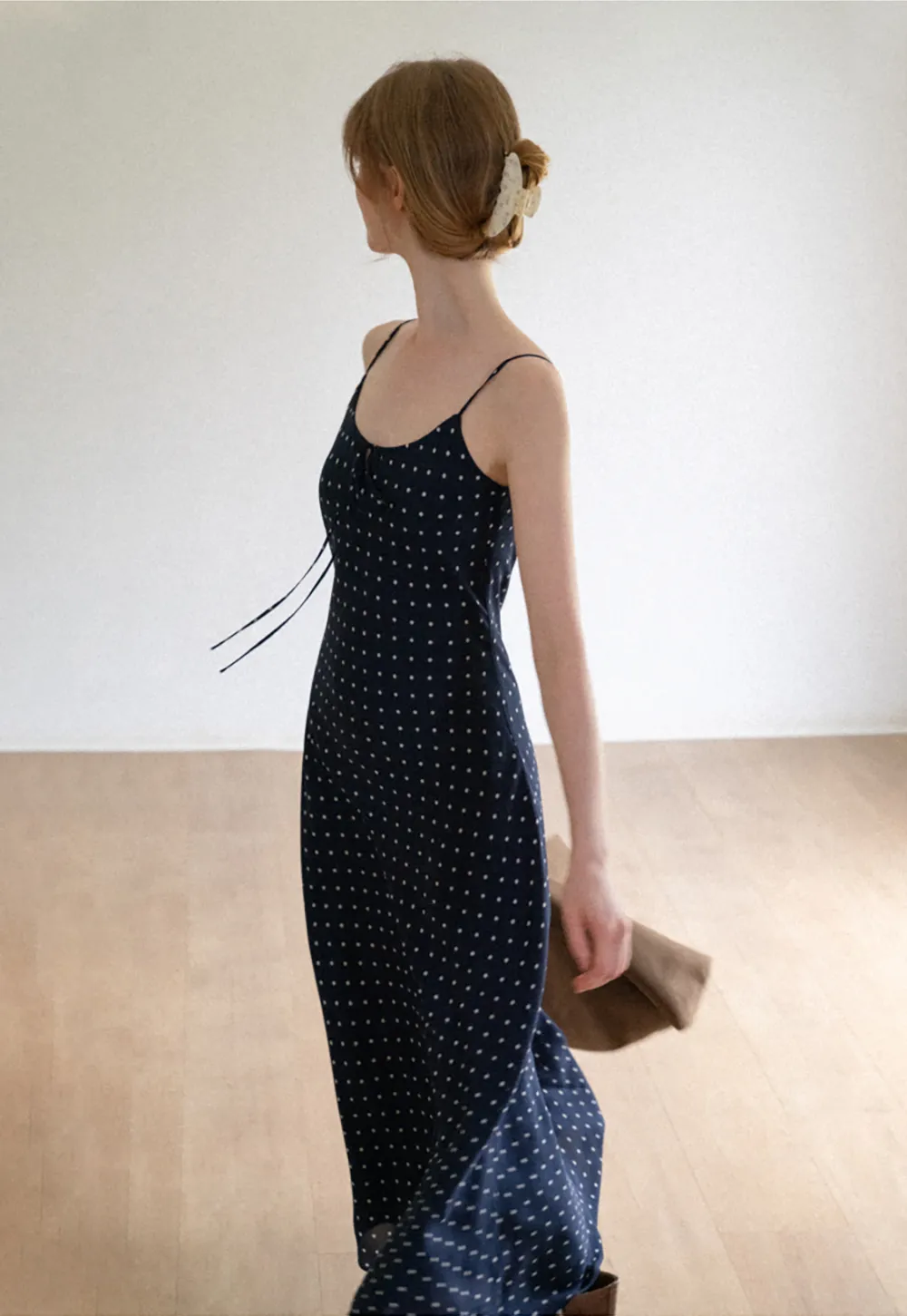 Polka Dot Print Slip Dress with Adjustable Front Tie