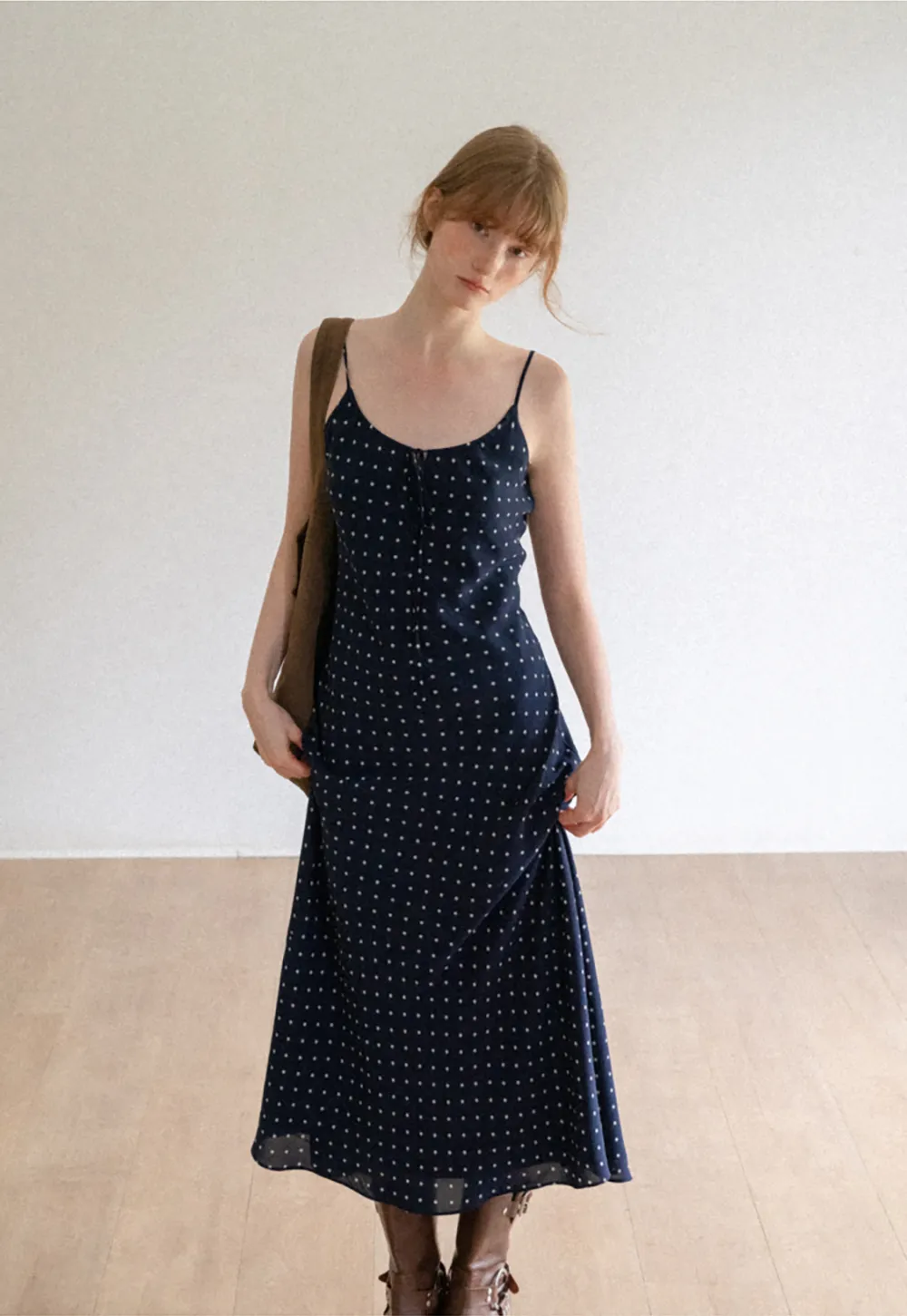 Polka Dot Print Slip Dress with Adjustable Front Tie