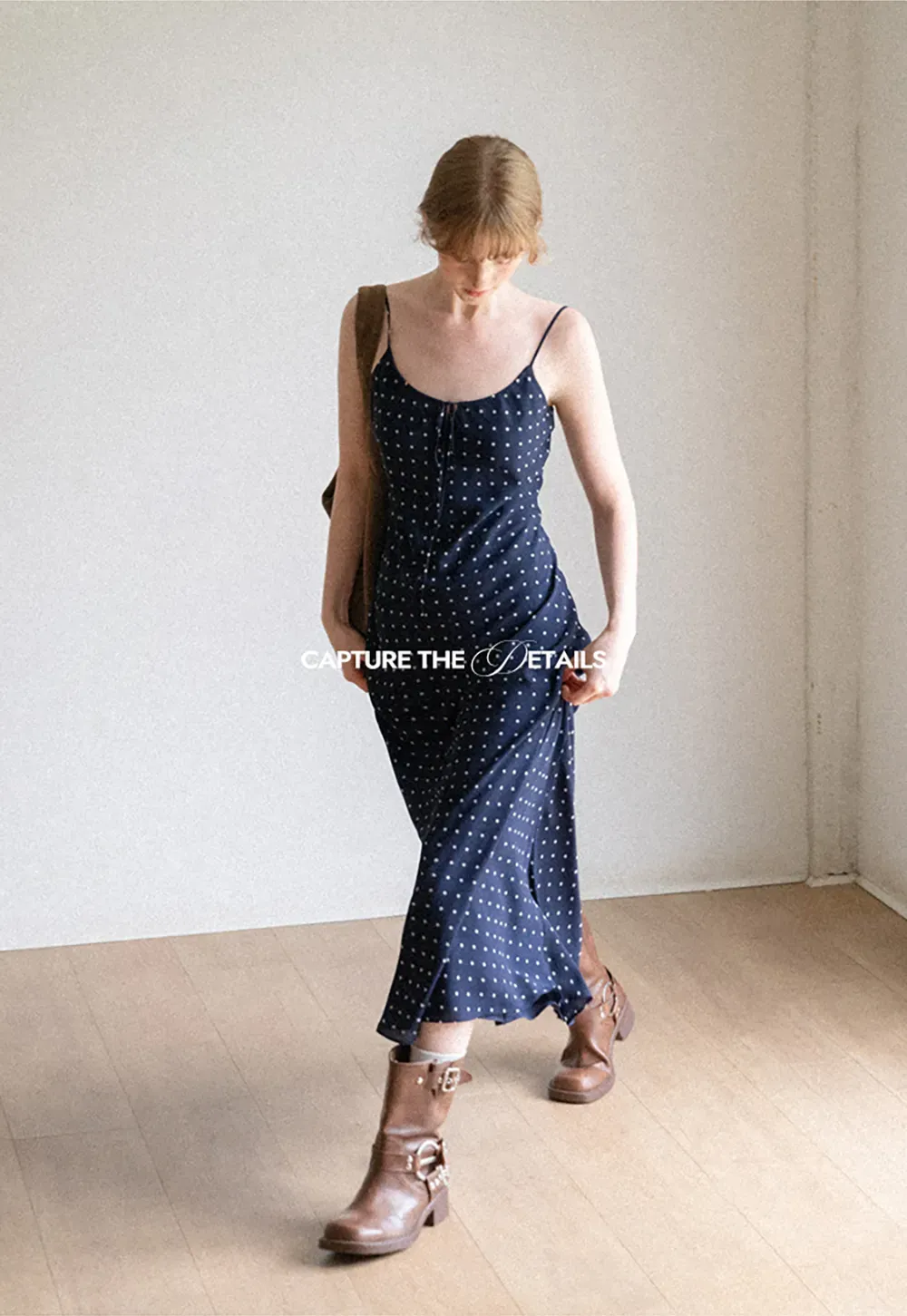 Polka Dot Print Slip Dress with Adjustable Front Tie