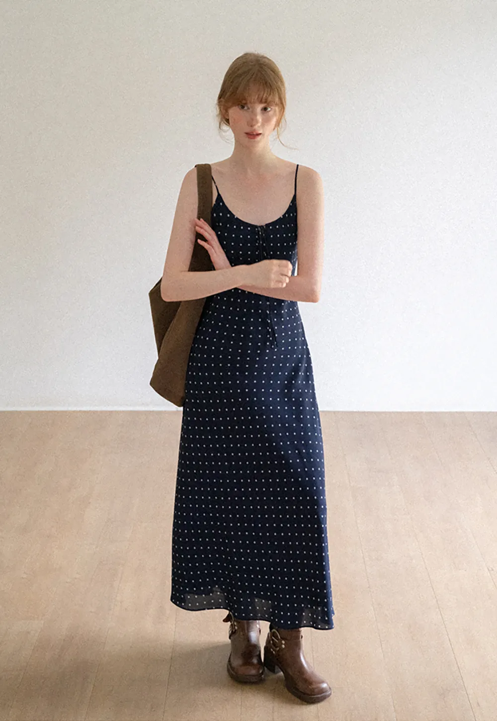 Polka Dot Print Slip Dress with Adjustable Front Tie