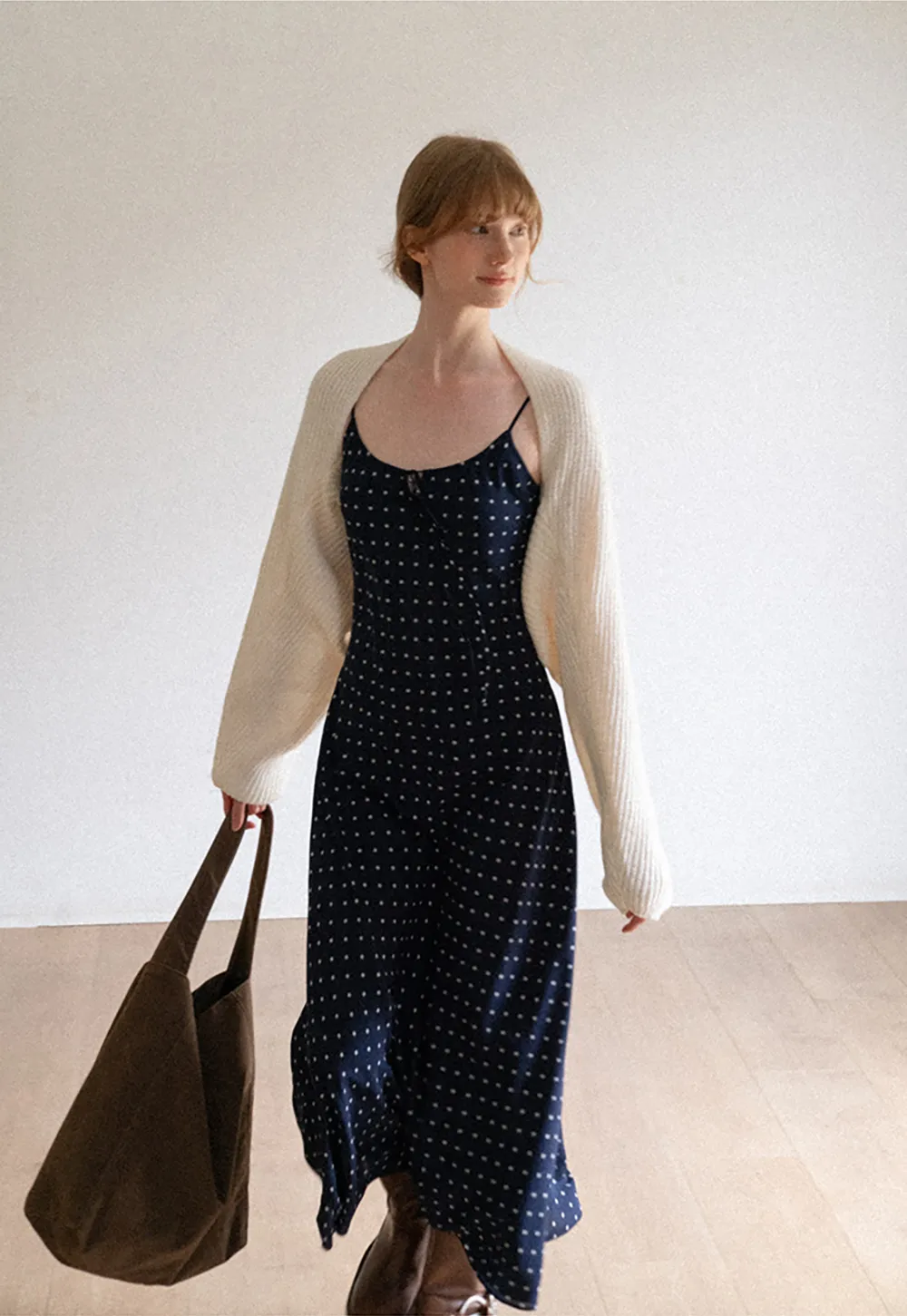 Polka Dot Print Slip Dress with Adjustable Front Tie