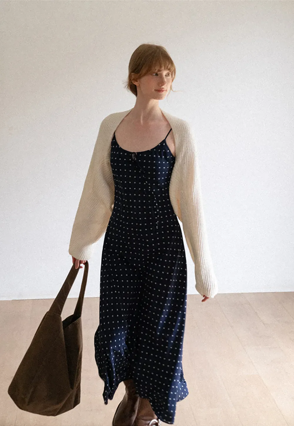 Polka Dot Print Slip Dress with Adjustable Front Tie