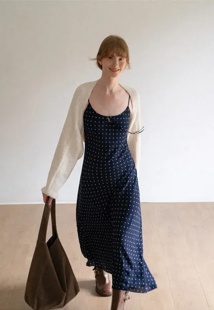 Polka Dot Print Slip Dress with Adjustable Front Tie