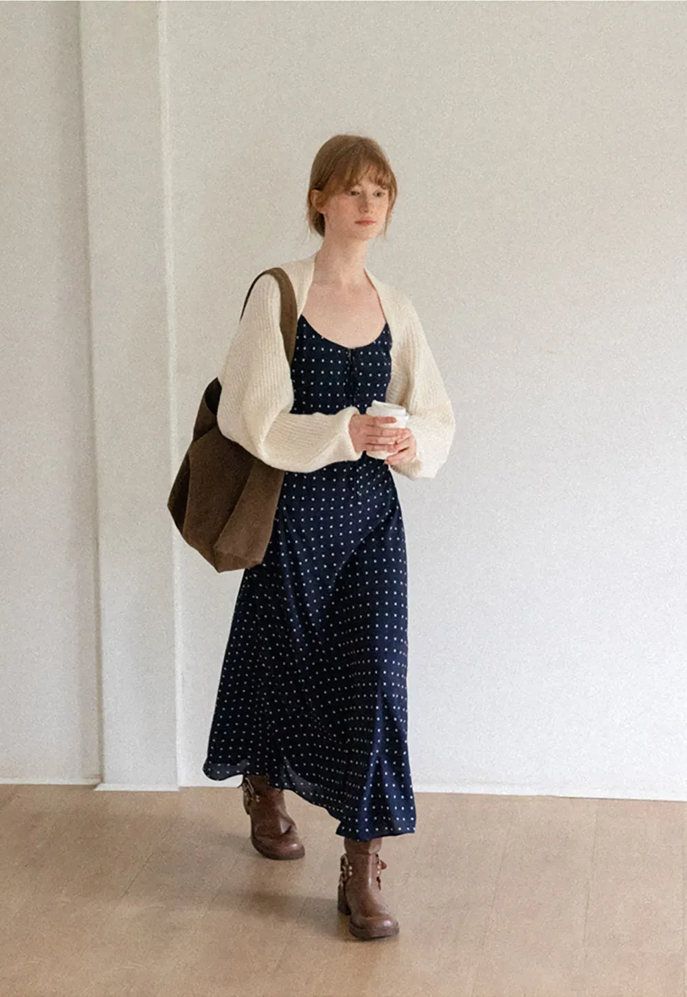 Polka Dot Print Slip Dress with Adjustable Front Tie