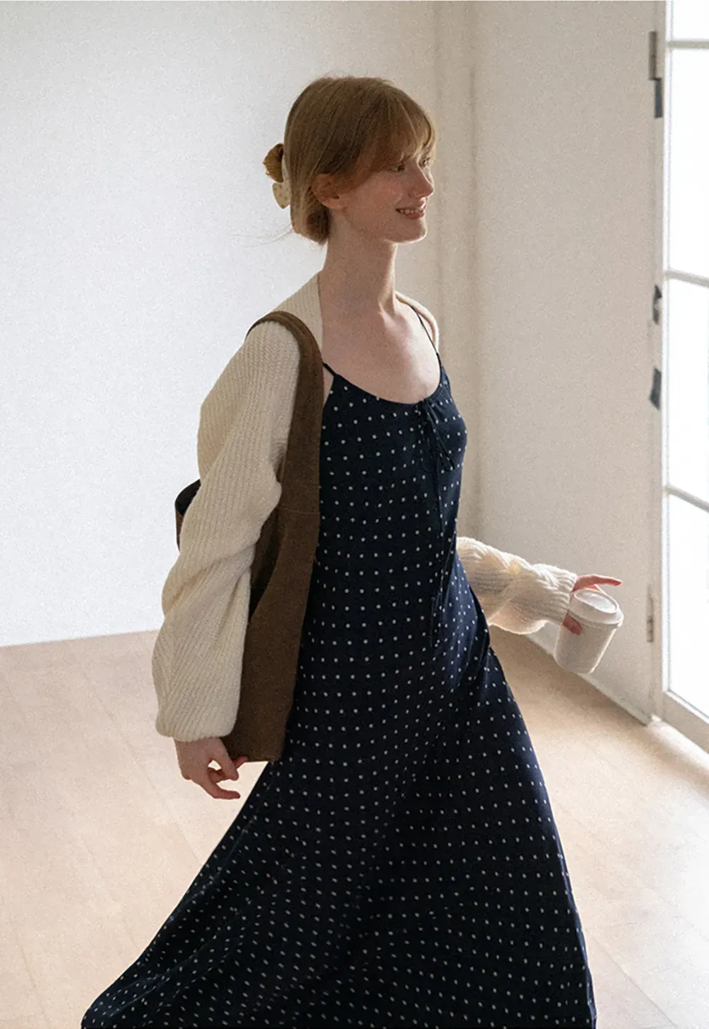 Polka Dot Print Slip Dress with Adjustable Front Tie