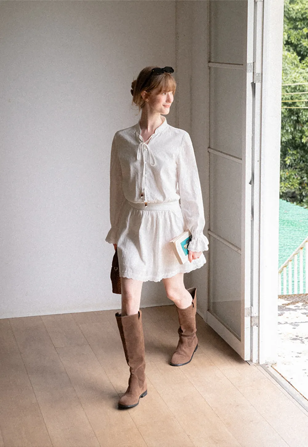 Lace Trim Bell Sleeve Drawstring Neck Dress