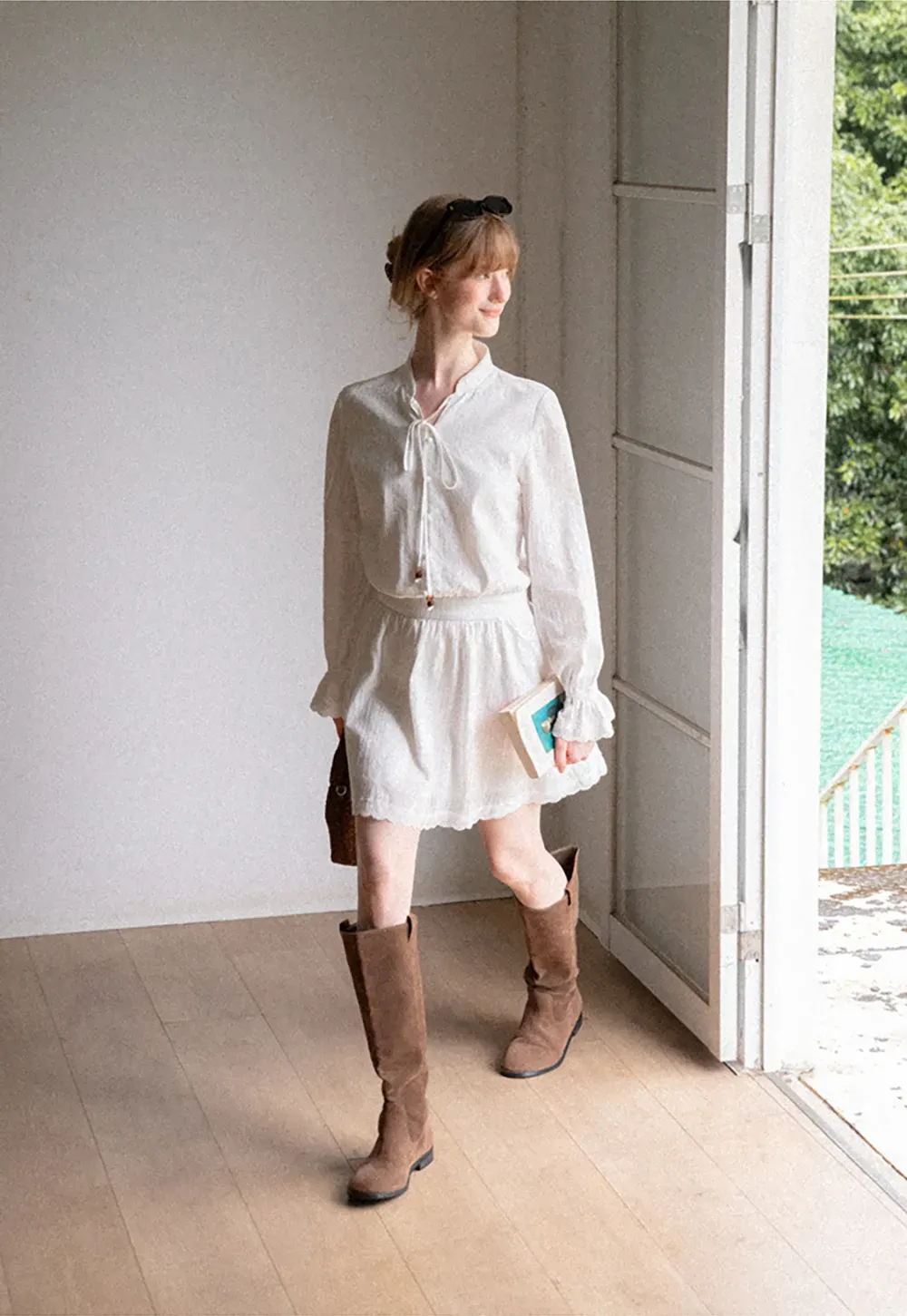 Lace Trim Bell Sleeve Drawstring Neck Dress