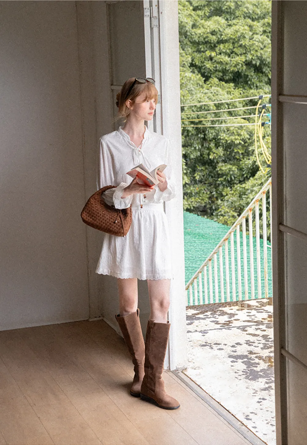 Lace Trim Bell Sleeve Drawstring Neck Dress