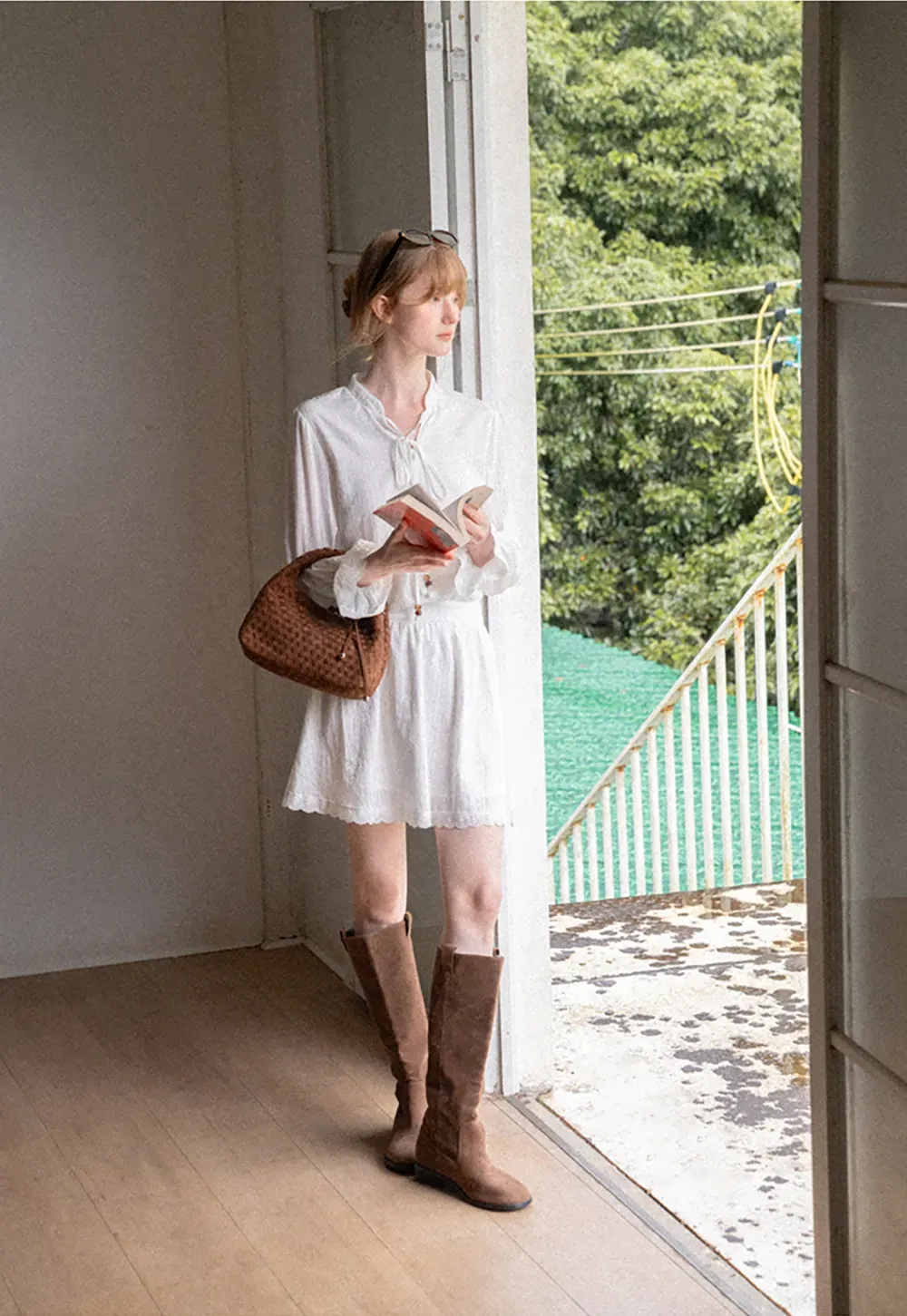 Lace Trim Bell Sleeve Drawstring Neck Dress
