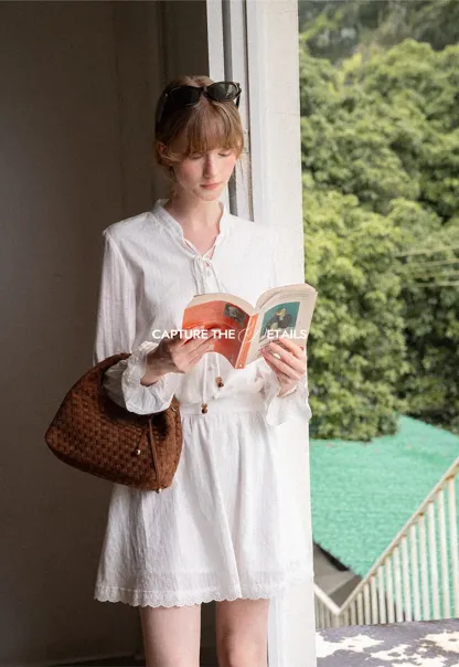 Lace Trim Bell Sleeve Drawstring Neck Dress