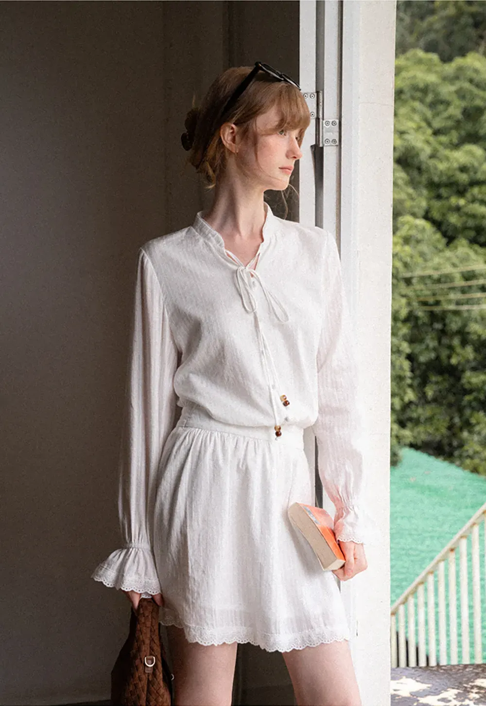 Lace Trim Bell Sleeve Drawstring Neck Dress