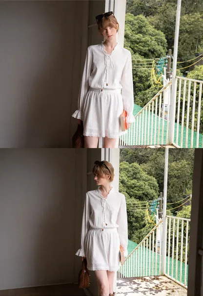 Lace Trim Bell Sleeve Drawstring Neck Dress