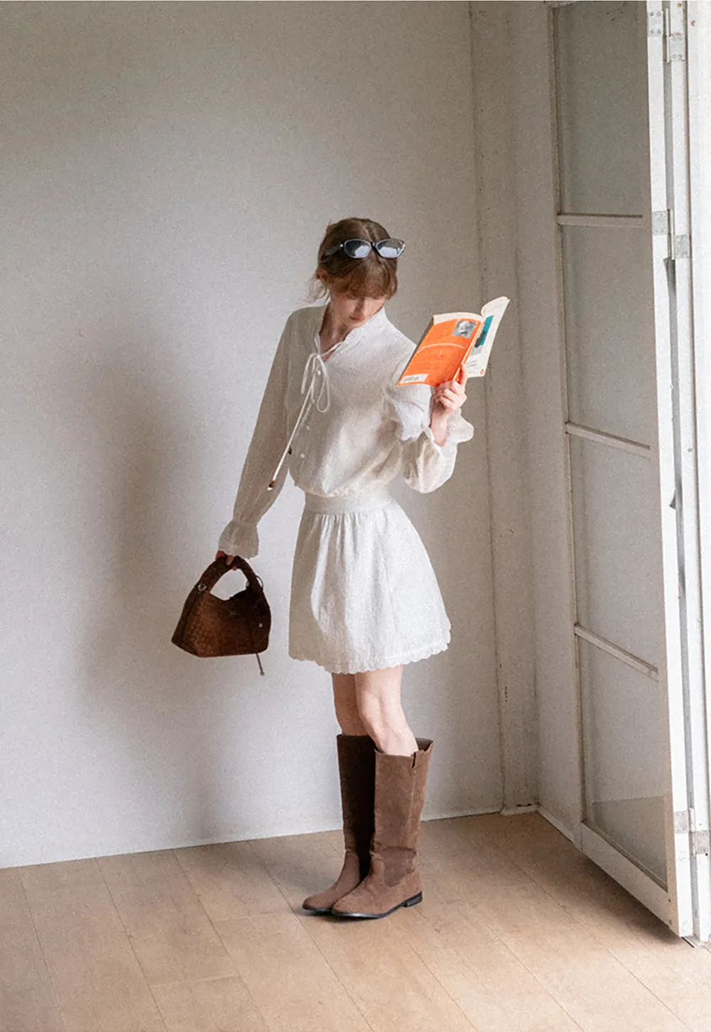 Lace Trim Bell Sleeve Drawstring Neck Dress