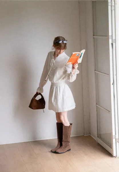 Lace Trim Bell Sleeve Drawstring Neck Dress