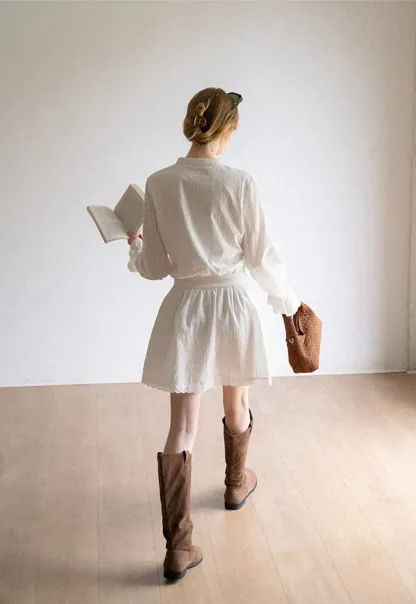 Lace Trim Bell Sleeve Drawstring Neck Dress