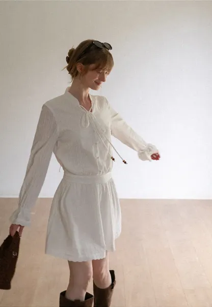 Lace Trim Bell Sleeve Drawstring Neck Dress