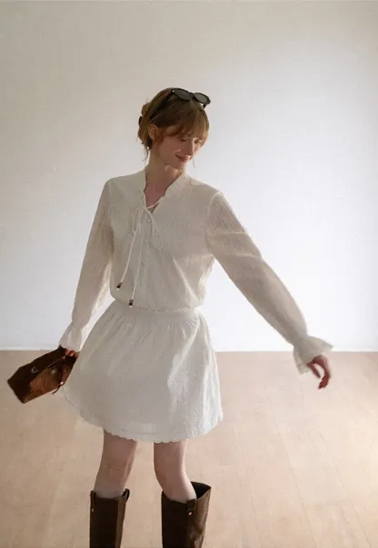 Lace Trim Bell Sleeve Drawstring Neck Dress