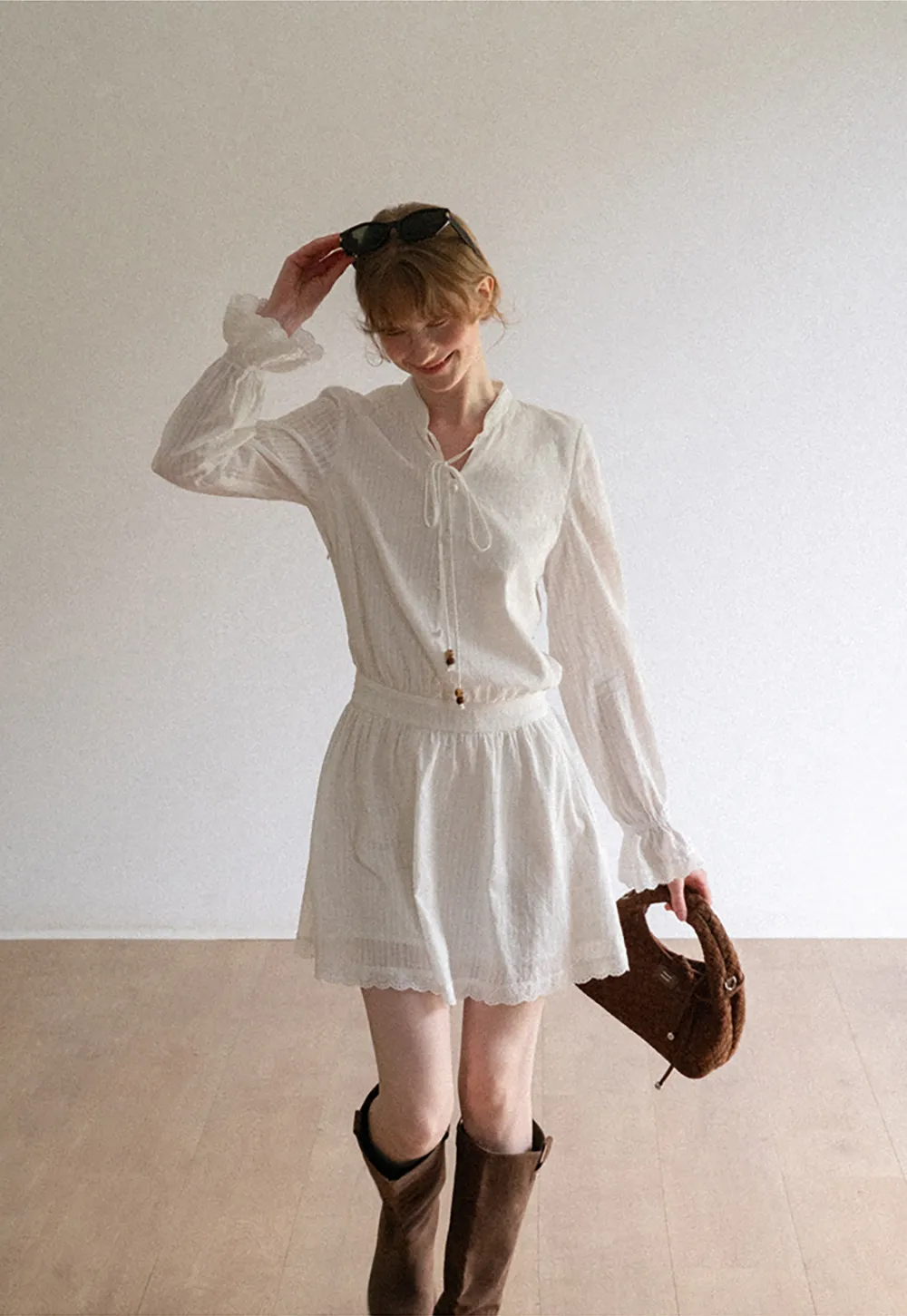 Lace Trim Bell Sleeve Drawstring Neck Dress
