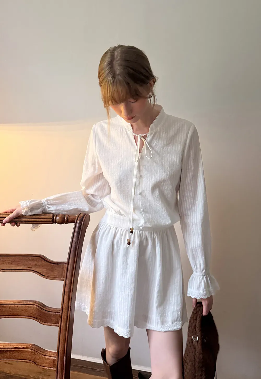 Lace Trim Bell Sleeve Drawstring Neck Dress