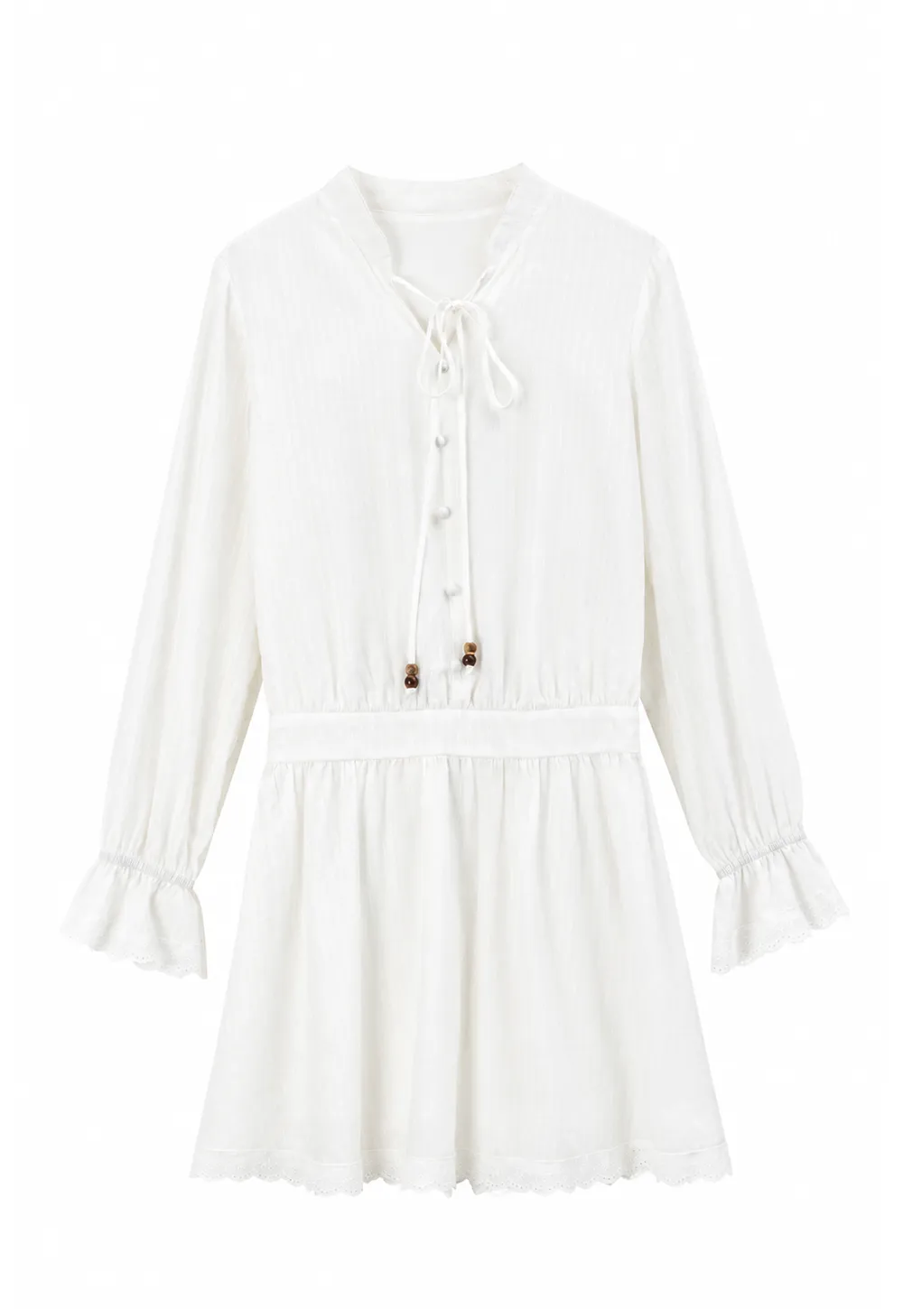Lace Trim Bell Sleeve Drawstring Neck Dress