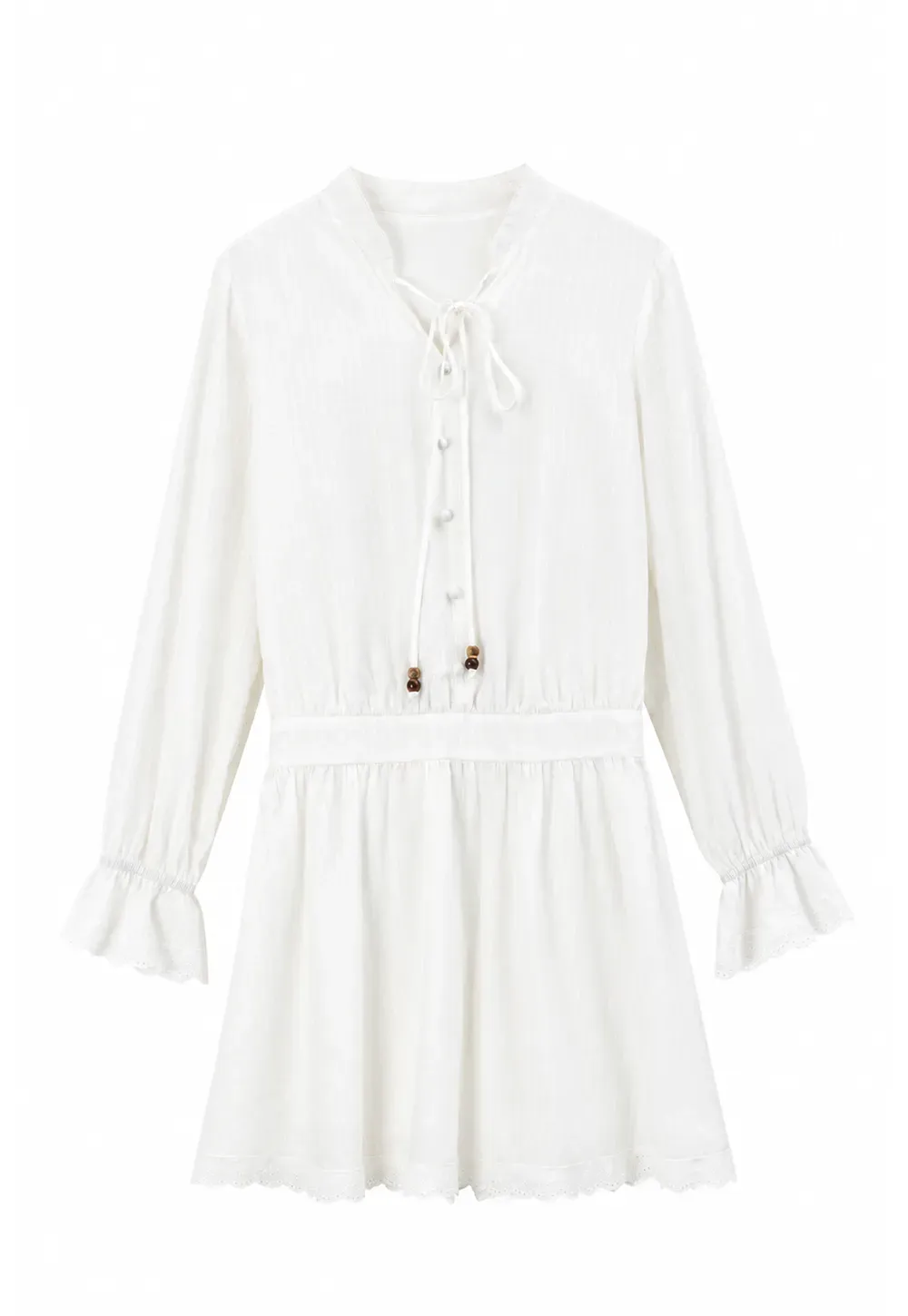Lace Trim Bell Sleeve Drawstring Neck Dress