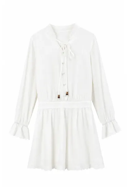 Lace Trim Bell Sleeve Drawstring Neck Dress