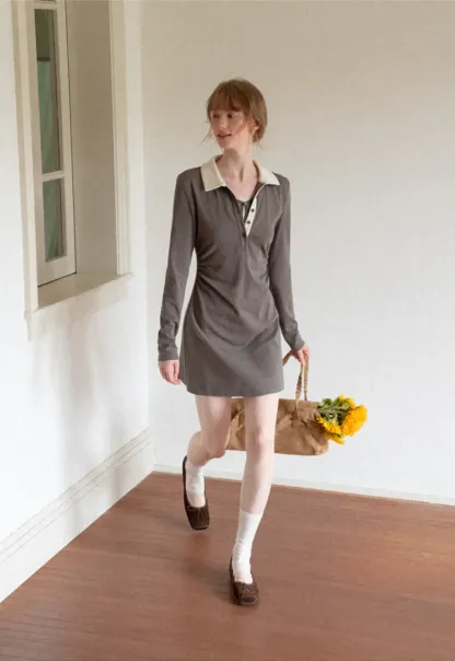 Contrast Collar Long Sleeve Polo Dress