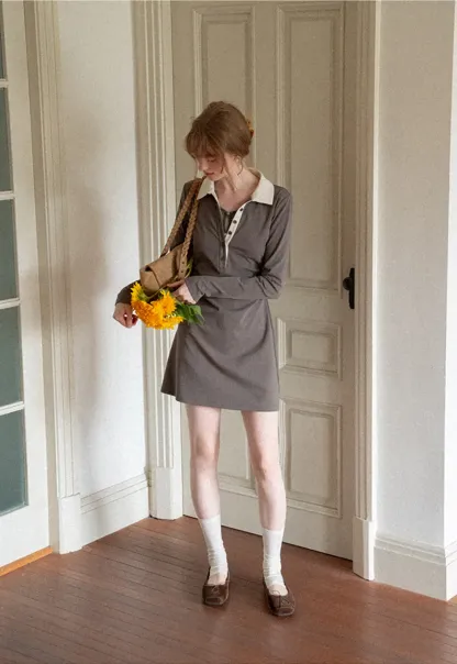 Contrast Collar Long Sleeve Polo Dress