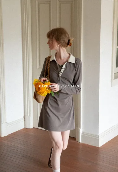 Contrast Collar Long Sleeve Polo Dress
