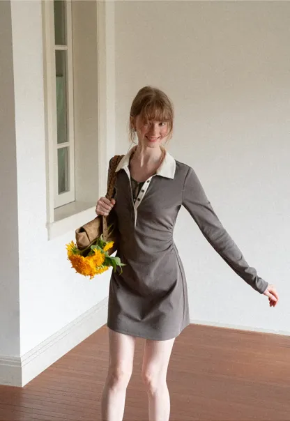 Contrast Collar Long Sleeve Polo Dress