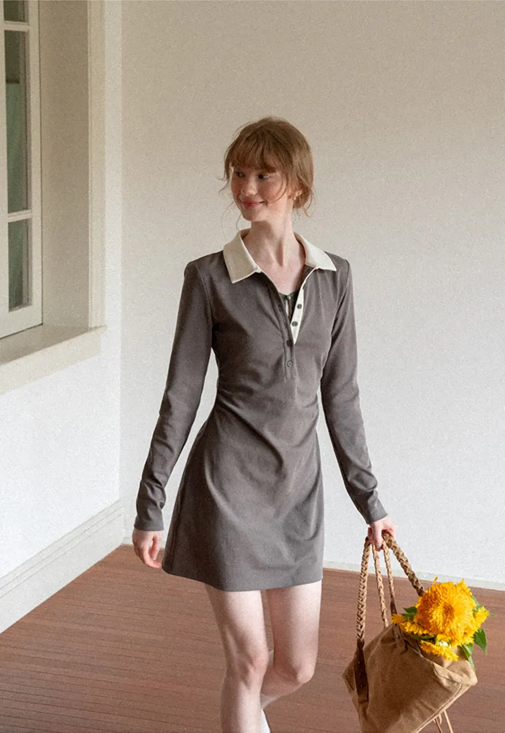 Contrast Collar Long Sleeve Polo Dress