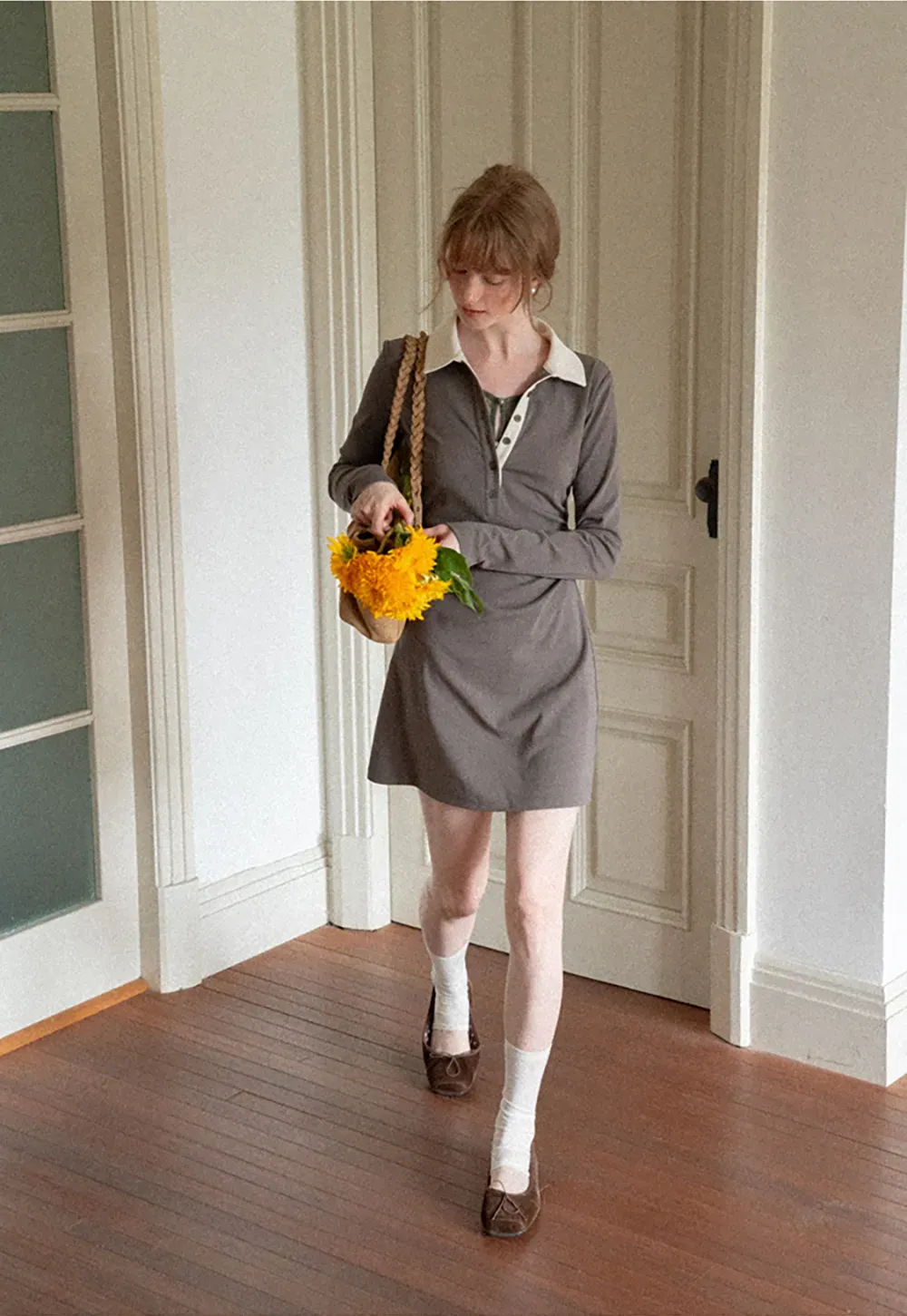 Contrast Collar Long Sleeve Polo Dress
