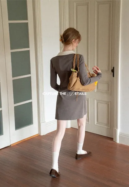 Contrast Collar Long Sleeve Polo Dress