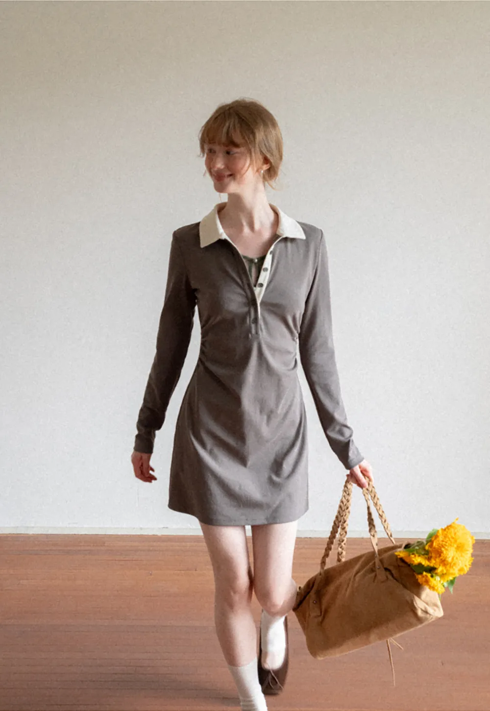 Contrast Collar Long Sleeve Polo Dress
