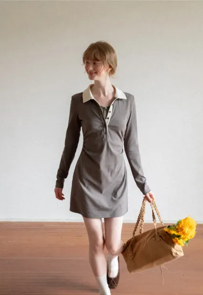Contrast Collar Long Sleeve Polo Dress