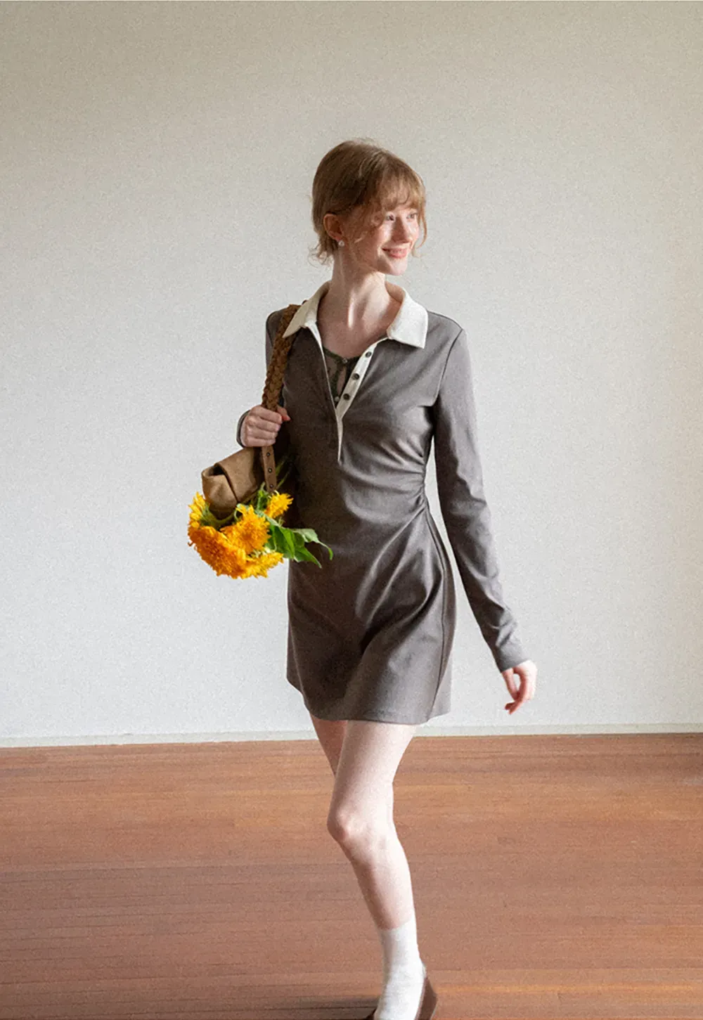 Contrast Collar Long Sleeve Polo Dress