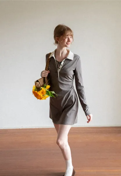 Contrast Collar Long Sleeve Polo Dress