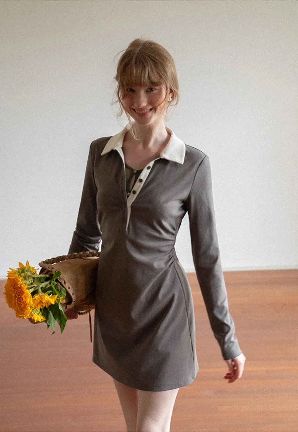 Contrast Collar Long Sleeve Polo Dress