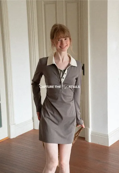 Contrast Collar Long Sleeve Polo Dress