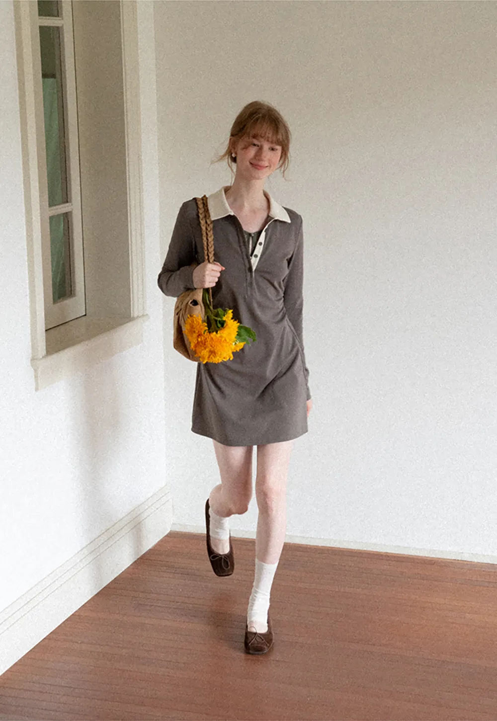 Contrast Collar Long Sleeve Polo Dress