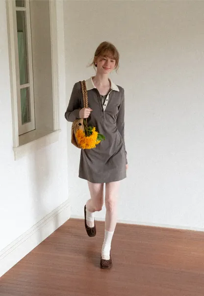 Contrast Collar Long Sleeve Polo Dress
