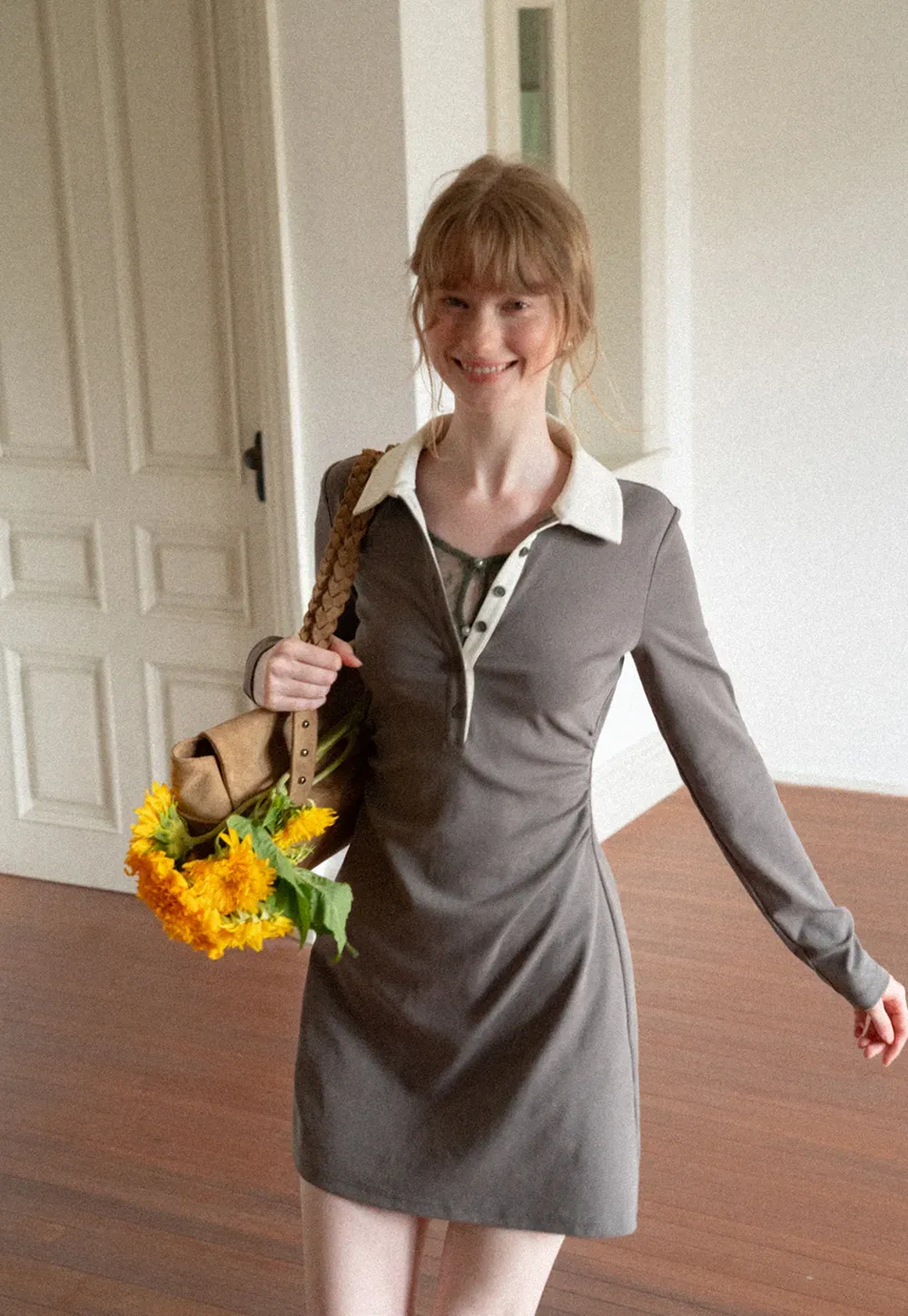 Contrast Collar Long Sleeve Polo Dress