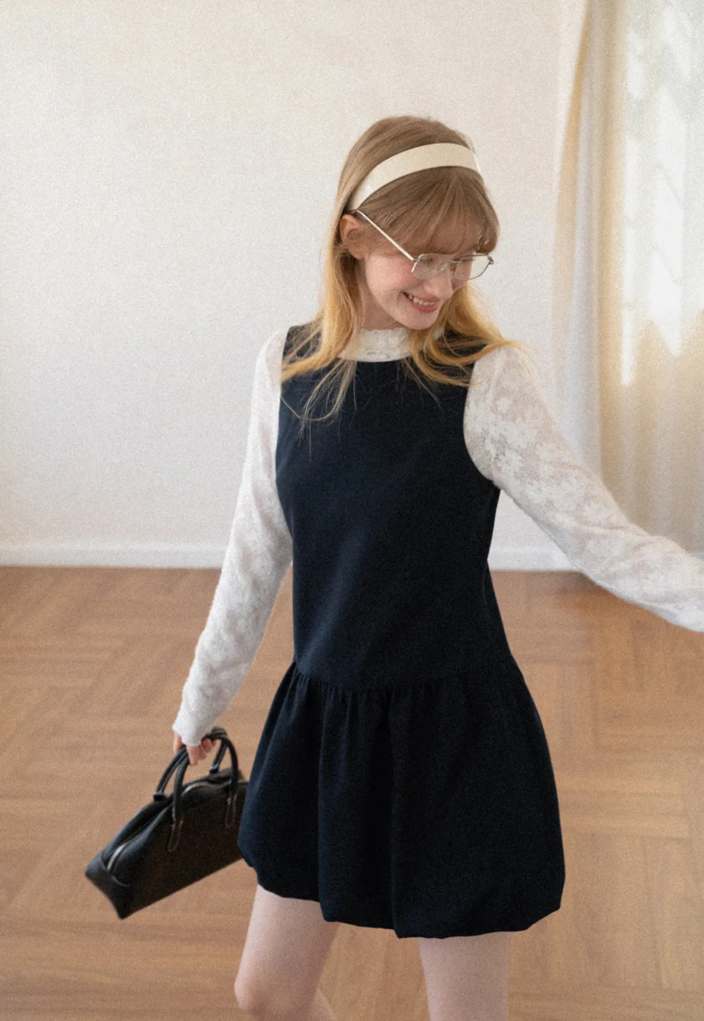 Lace Sleeve Layered Mock Neck A Line Dress