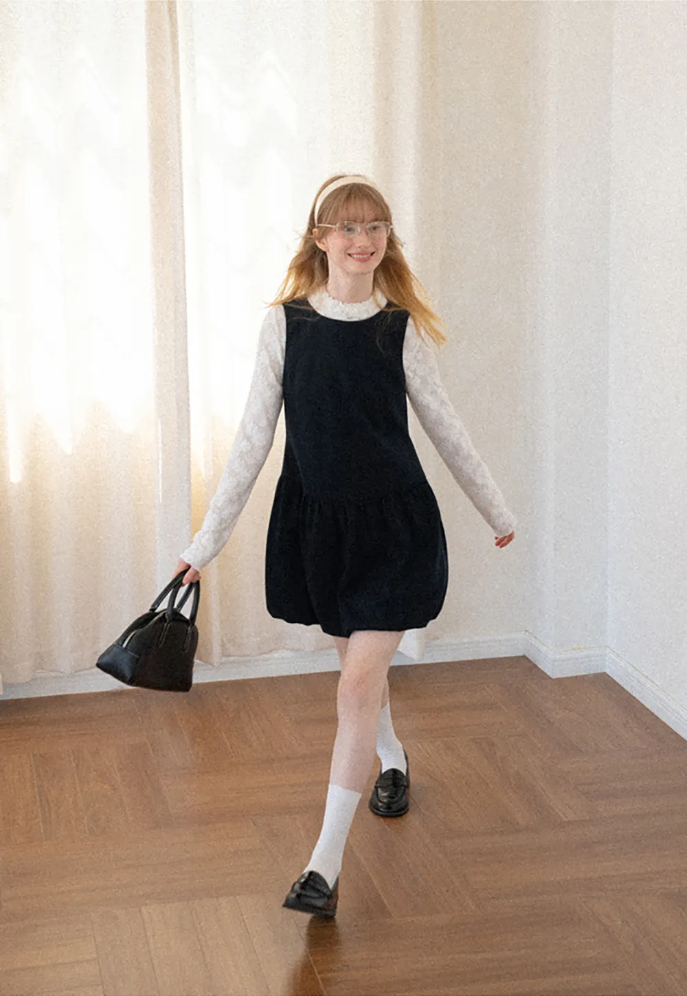 Lace Sleeve Layered Mock Neck A Line Dress
