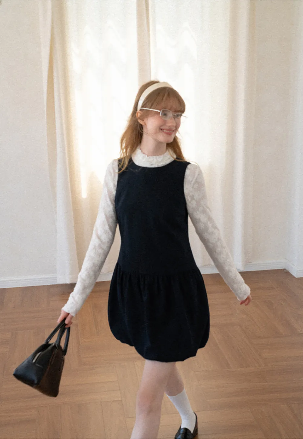 Lace Sleeve Layered Mock Neck A Line Dress