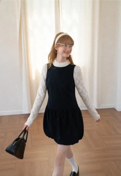 Lace Sleeve Layered Mock Neck A Line Dress