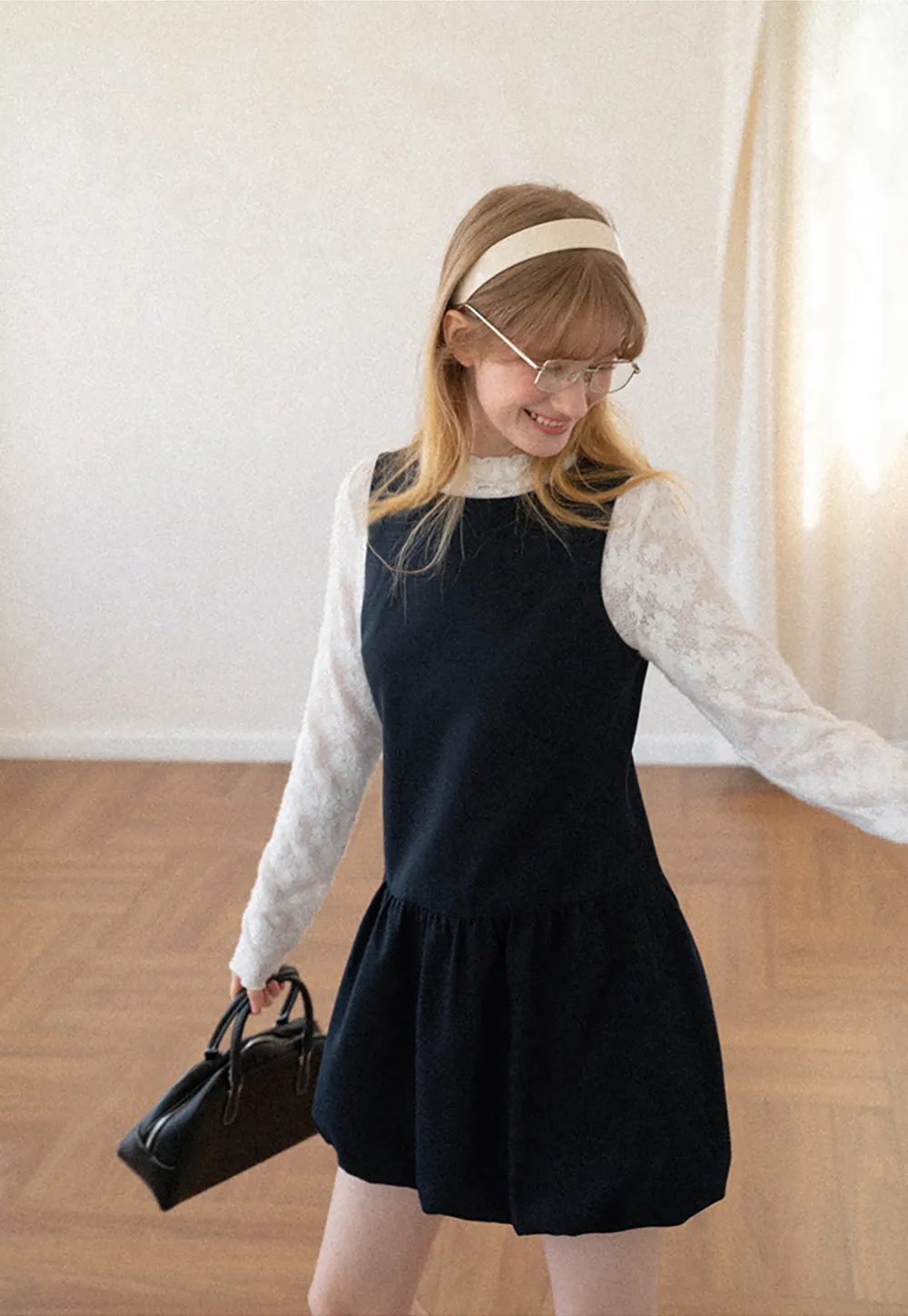 Lace Sleeve Layered Mock Neck A Line Dress