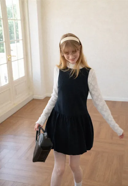 Lace Sleeve Layered Mock Neck A Line Dress
