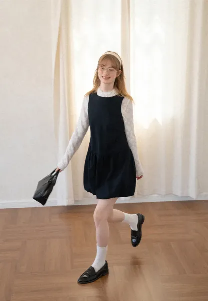 Lace Sleeve Layered Mock Neck A Line Dress